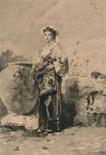 1867 Mariano FORTUNY Rome Italy Peasant Woman Champollion Etching