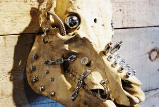 Necro Mechanical Bullet Hole Hog Skull by Dean Markwalter