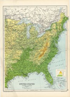 Beautiful RARE 1909 Physical Map of Eastern United States