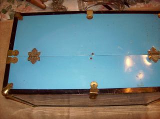 Vintage Blue metal doll trunk, red & white checked interior, 18x9x10 1