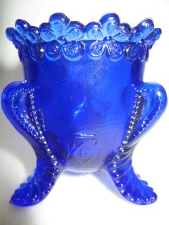 Cobalt Blue glass tabletop toothpick holder / 3 toe flowers boyd art