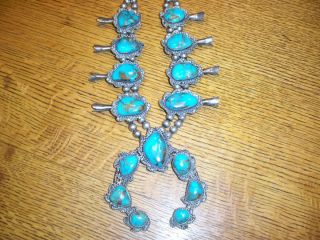 Beautiful Old Pawn Silver and Bisbee Turquoise Squash Blossom Necklace