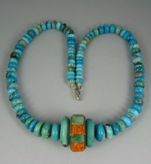 Pueblo Turquoise Bead Necklace w Spiny Oyster Spinner Bead