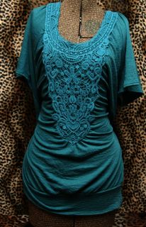 Maurices Dark Teal Green Crochet Lace Trim Raglan T Shirt 2X