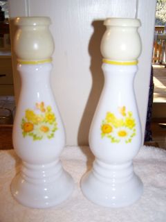 Avon Milk Glass Yellow Flowers Cologne Bottle Candlestick Holders Pair