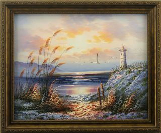Sunset Beach Lighthouse Seagull Art Framed Oil Painting
