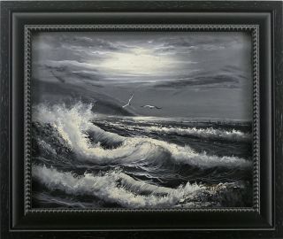 Beach Ocean Waves Seagulls Art Framed Oil Painting