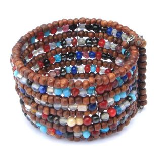 Bracelet Wide Cuff Wooden Glass Seed Beads Handcrafted Memory Wire