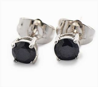 Mens Stud Earrings with Black Zirconia in 9K White Gold Filled H082