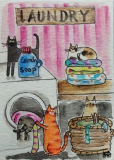 Cat Laundry Room Folk Art Watercolor Pen ACEO Original Painting