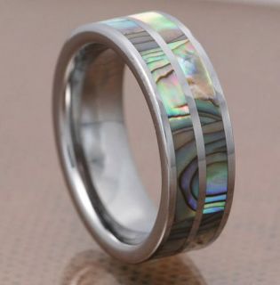 Carbide Duo Abalone Shell Strips Inlay Mens Wedding Ring