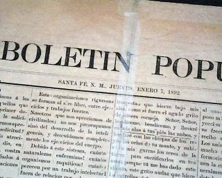 RARE Sante FE New Mexico Territory 1892 Newspaper El Boletin Popular