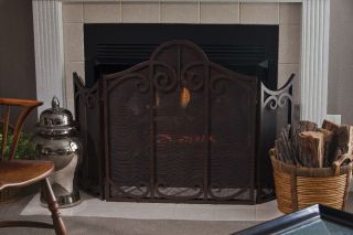 Old World Scrolled 3 Panel Fireplace Screen w Mesh Antique Bronze