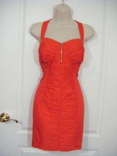 BEBE Dress Womens Large 12 Red Sexy Ruched Gold Zipper Club Cocktail