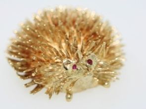 Signed H C 14k Yellow Gold Hedgehog Pin Brooch with Ruby Eyes