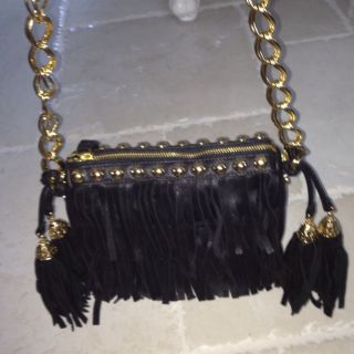 Michelle Monroe New Black Leather Fringe Evening Bag RT$495 Boho