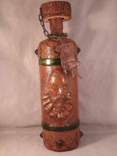 Leather Covered Whiskey Bottle Miguel de Cervantes Made in Spain 12 1