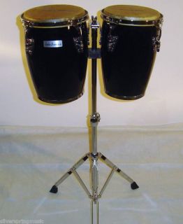 New 2 Piece Set of Black Mini Conga Drums and Stand