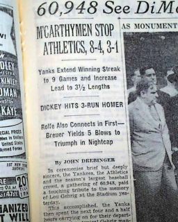 LOU GEHRIG MONUMENT Dedic. Yankee Stadium JOE DiMAGGIO Hit Streak 1941