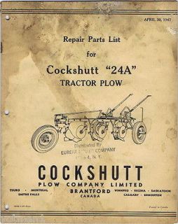 Repair Parts List Cockshutt 24A Tractor Plow; Vintage 1950s