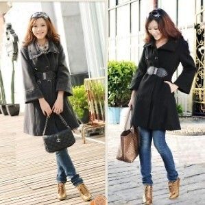 Double Breasted Bell Sleeve Stand Collar Jacket Coat XS S Black & Gray