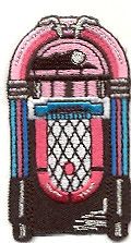 JUKEBOX MUSIC 50S BLACK/PINKS/BL UES EMBROIDERED IRON ON APPLIQUE