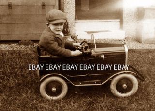 1932 BOY AND HIS FANTASTIC PEDAL CAR WITH WHITE WALL TIRES   PHOTO