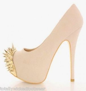 Alba Stella Gold Metal Jeweled Spiked Toe Platform Pump Shoe 6 Cream