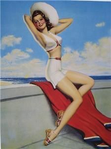 PIN UP GIRL AT BEACH SWIMSUIT WITH HAT BRUNETTE BEAUTY