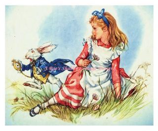 Alice In Wonderland w White Rabbit Fabric Block 8x10