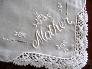 New White Lace MOTHER of Bride Monogrammed Hanky Wedding Bridal