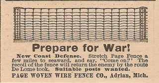 1898 PAGE WOVEN WIRE FENCE AD ADRIAN MI MICHIGAN DE LOME PREPARE FOR