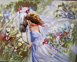 GIRL, WHITE HORSE, FLOWERS Needlepoint Tapestry Canvas