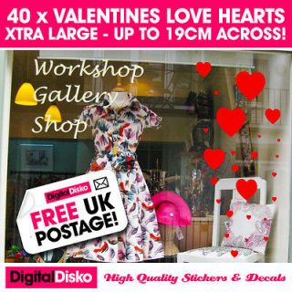 40 x Valentines day heart stickers. Shop Window display, wall, vinyl