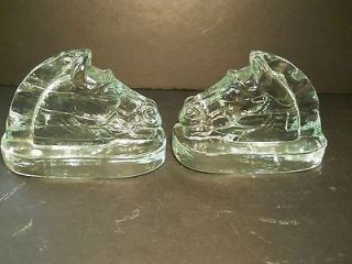 vintage Horse Head Book Ends Pale Green Glass Solid Thick Heavy Glass