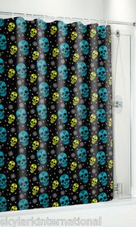 Mexican Sugar Skulls Shower Curtain Black Blue Teal Green Spiderwebs