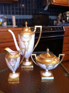 American Belleek Art Nouveau Gold & Enamel Coffee Pot, Creamer & Sugar