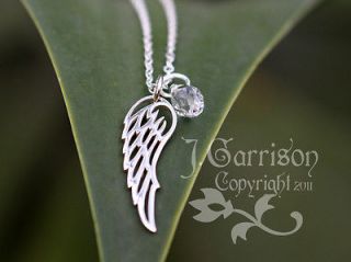 Angel Wing Necklace  Sterling silver charm & birthstone color crystal