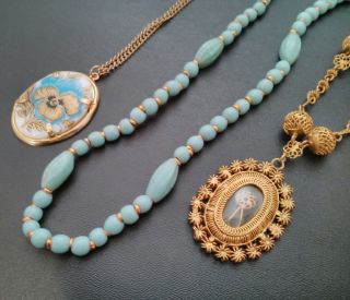 Vintage necklace lot 3 gold tn blue chez glass flower cameo costume