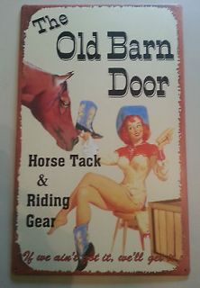 Tin Sign 16 1/16 x 10 THE OLD BARN DOOR HORSE TRACK & RIDING GEAR
