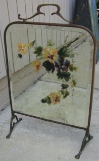 Antique VICTORIAN BRASS FRAME FIREPLACE SHIELD Mirror Hand Painted