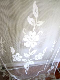 French Antique Vintage Lace Curtain Panel Bed Table Flower Ecru White