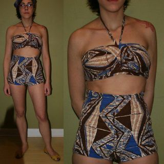vtg 50s 60s womens blue brown bikini swimsuit halter top/ high