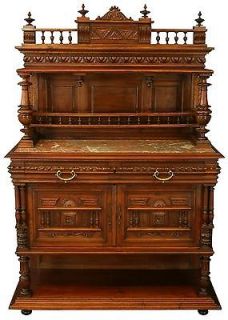 ANTIQUE 1900 FRENCH SERVER/SIDEBOARD, HENRY II, MARBLE/WALNUT, RED
