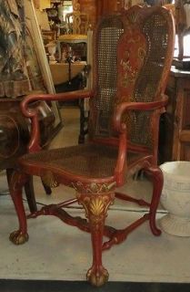 Antique Carved Chippendale Red Chinoiserie Decorated Arm Chair