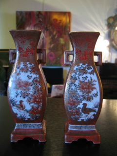 Pair of Antique Signed Japanese Kutani Porcelain Vases