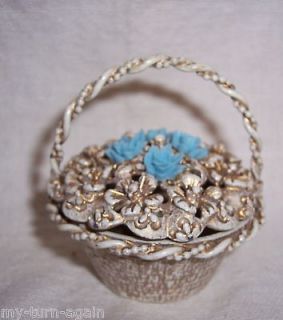Vintage Florenza Gilt Trinket Jewelry Ring Box Basket with Lid Blue
