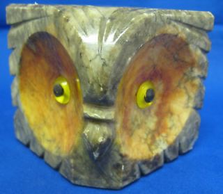 Antique Alabaster Owl Paperweight Square Yellow Eye Owl Hand Carved in