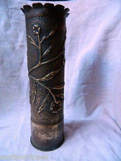 WW1 TRENCH ART VASE RECYCLED ARTILLERY SHELL ENGRAVED AISNE