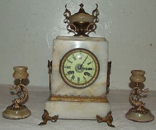 Antique S.MARTI 3 pc French Victorian Marble Clock & Candlestick Set